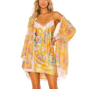 Free People HAH Make it Double Slip Set Robe Chamise Yellow Asian Inspired large
